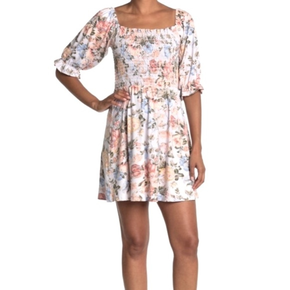 WAYF Floral Smocked Bodice Mini Dress.